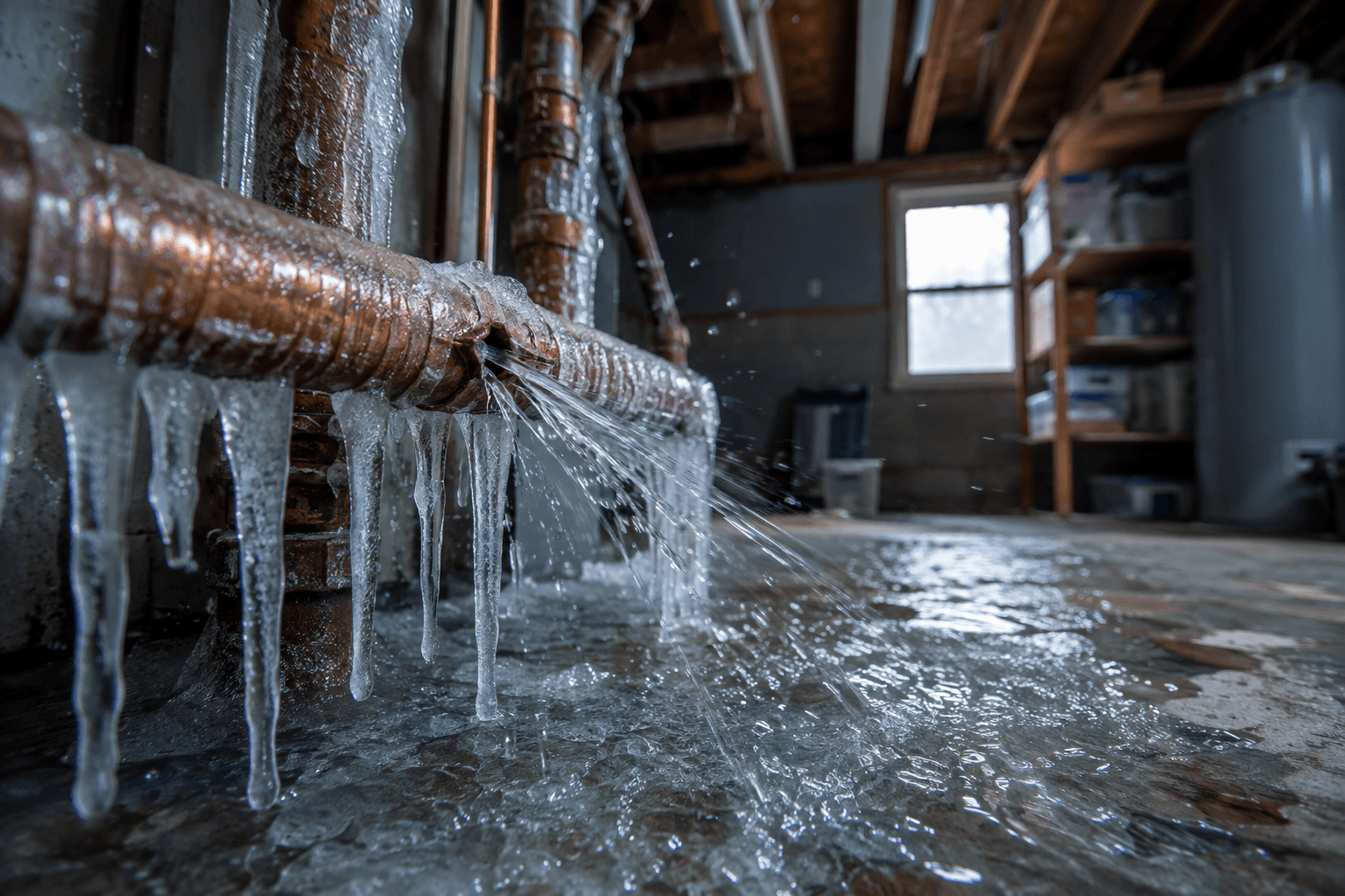 A frozen copper pipe hung with icicles, split and spraying water across the flooded concrete floor of an unfinished basement