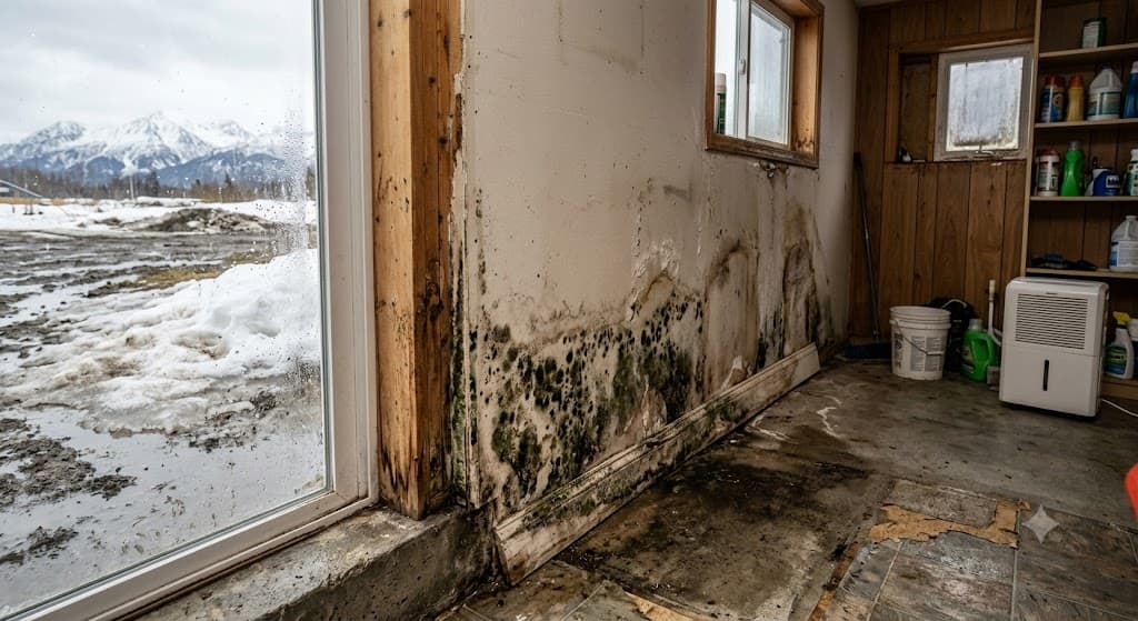 Black and green mold spreading up an interior wall and damaged baseboard, with melting snow and mountains through the window of a Mat-Su home