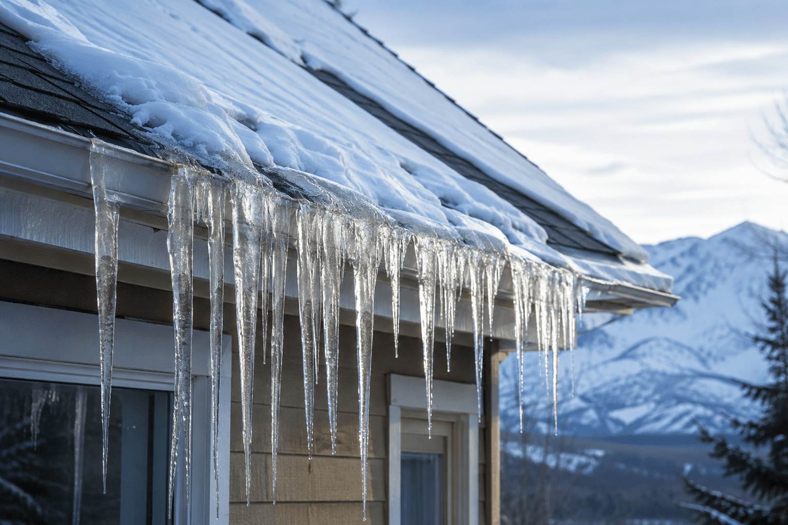 Thick icicles hanging from the snow-covered eaves of an Alaska home, the visible sign of an ice dam forming at the roof edge