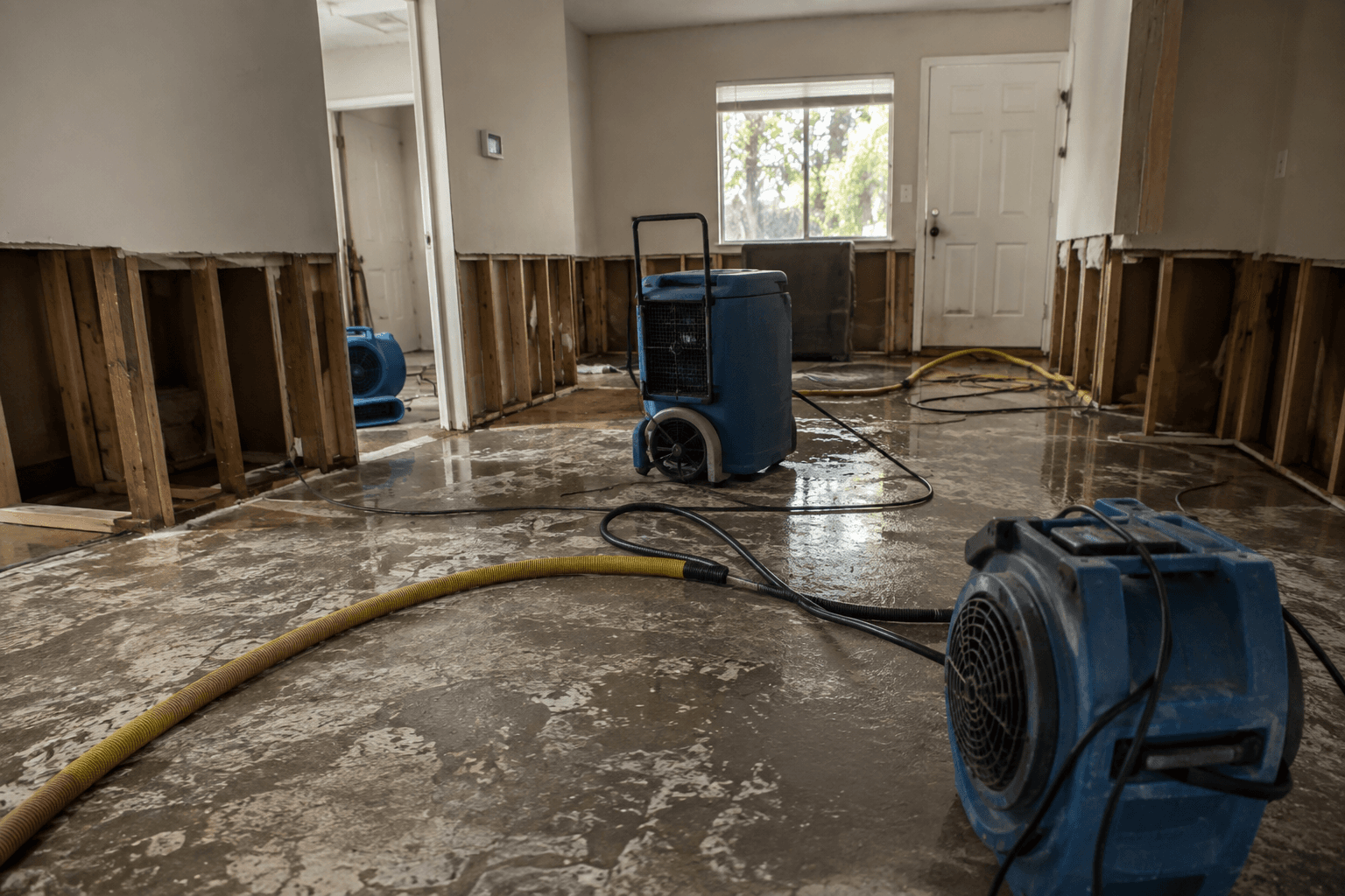 Air movers and a dehumidifier drying a flooded room where the drywall has been flood-cut to expose the studs