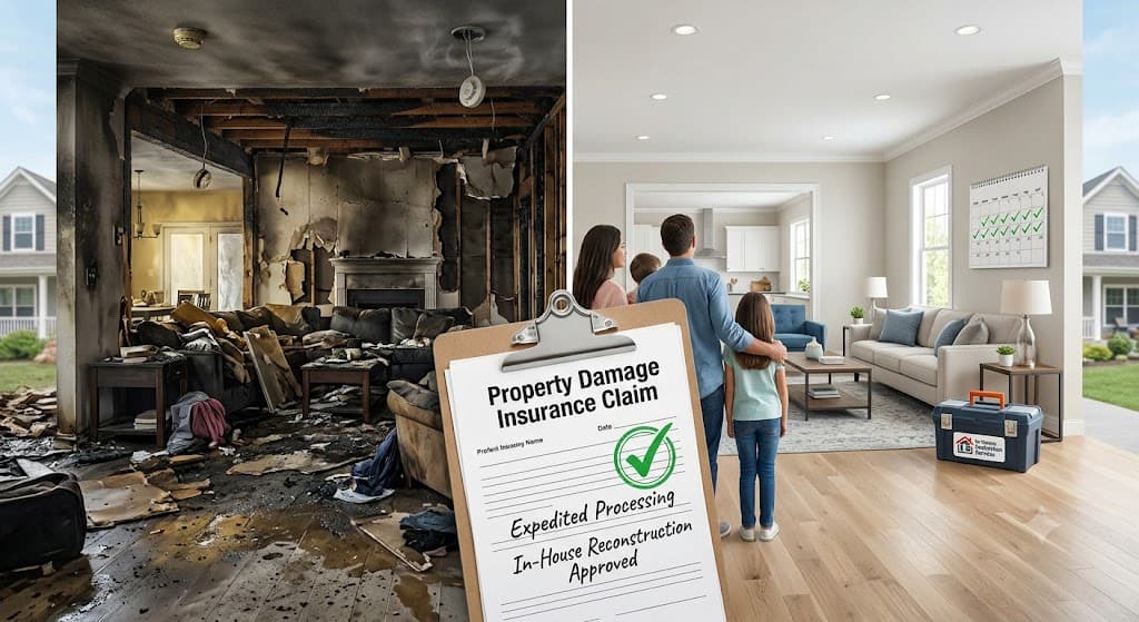 A fire-gutted living room beside the same room fully rebuilt, with a property damage insurance claim marked approved in the foreground
