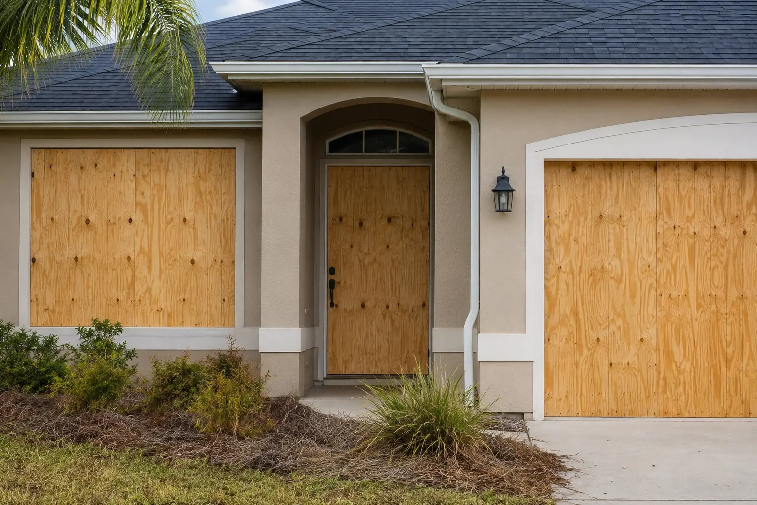 Plywood panels secured over the windows, front door and garage of a house after an emergency board-up