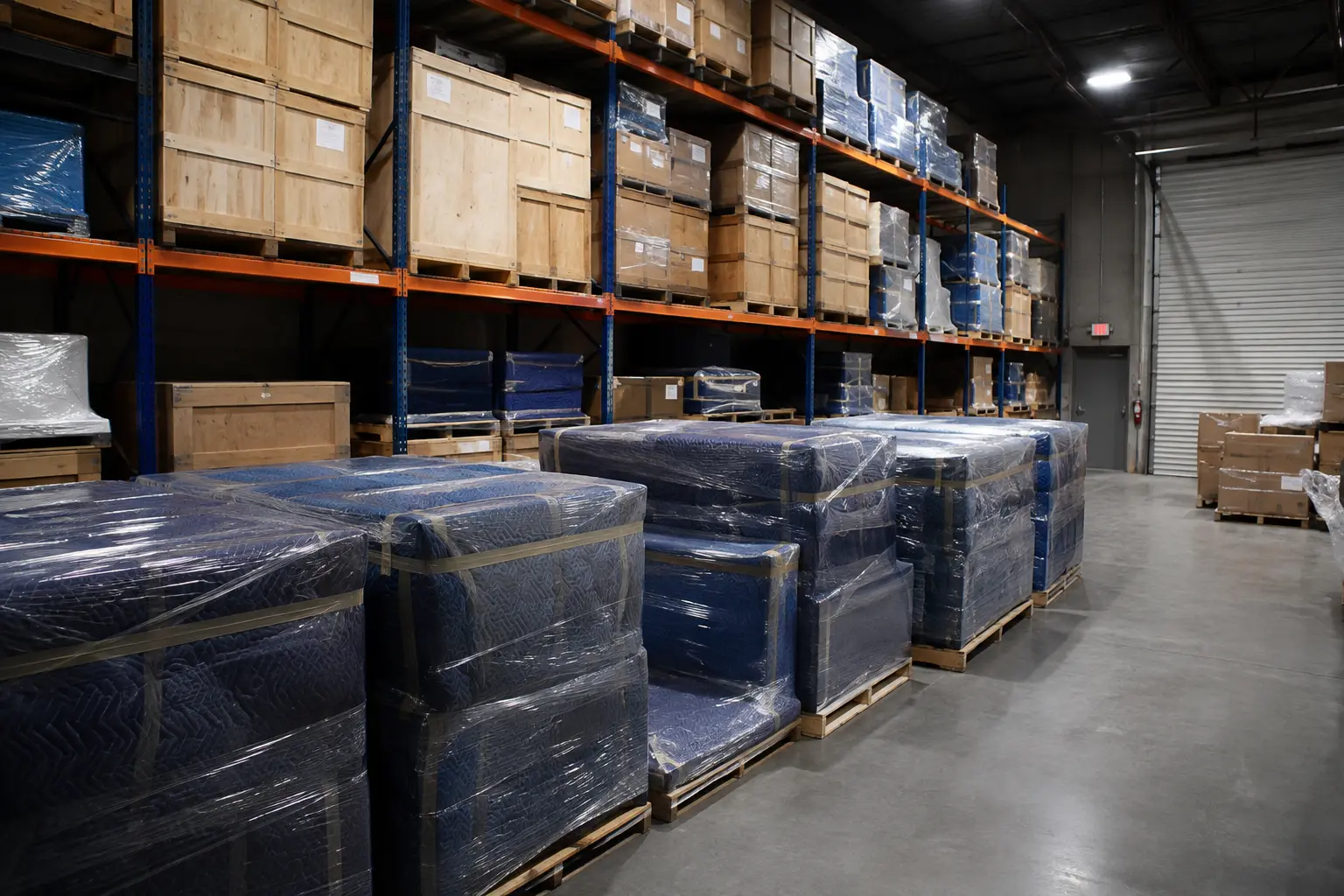 Household contents shrink-wrapped on pallets and racked in a contents storage warehouse