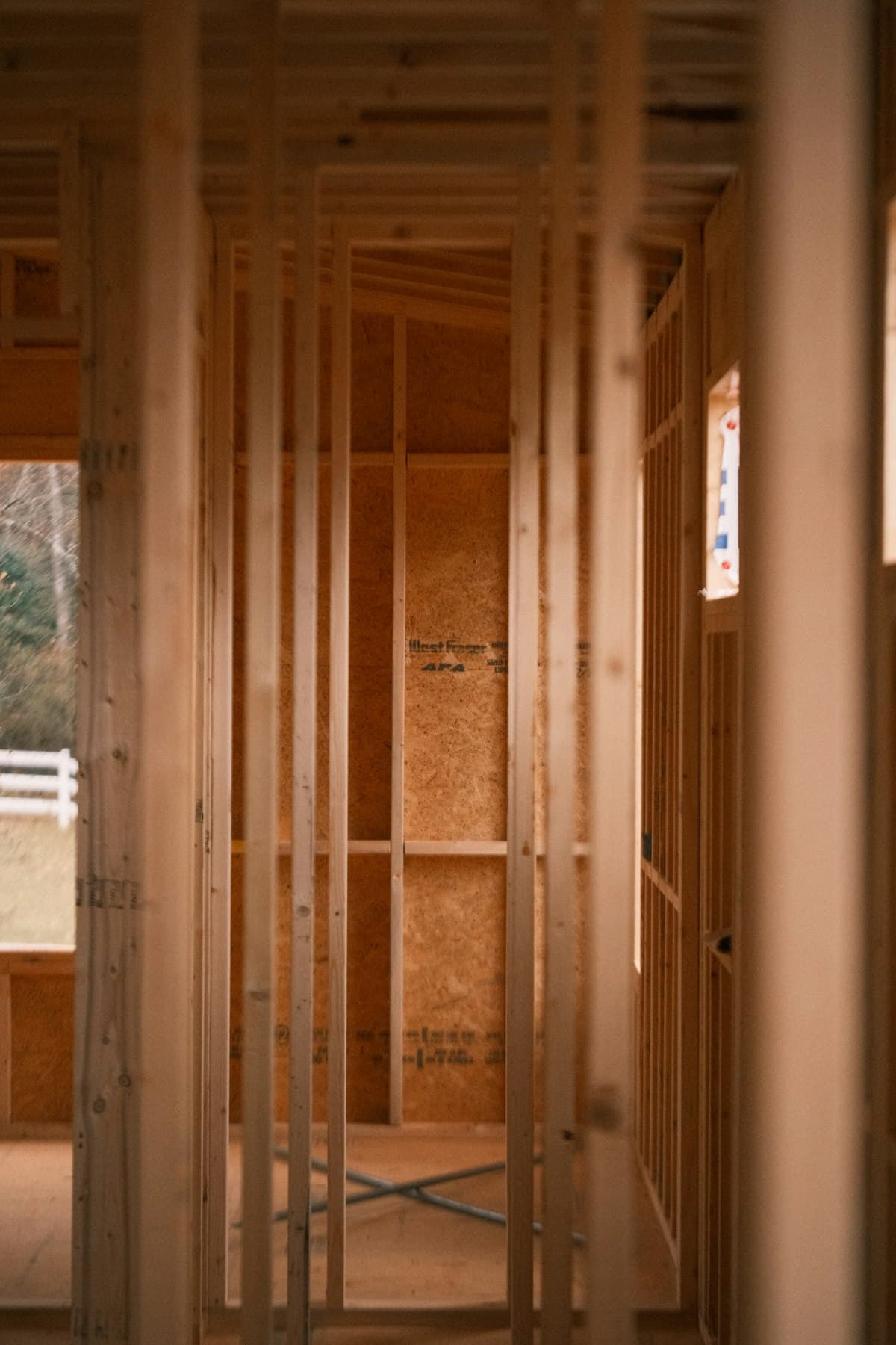 New wall framing during the reconstruction phase of a restoration project